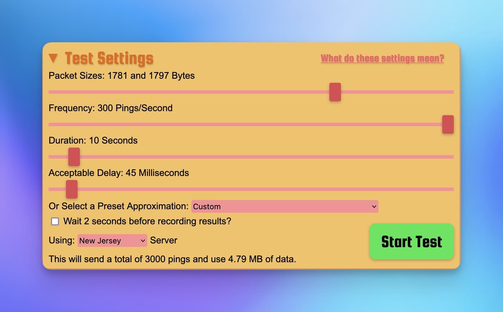 Settings for Packet Loss Test